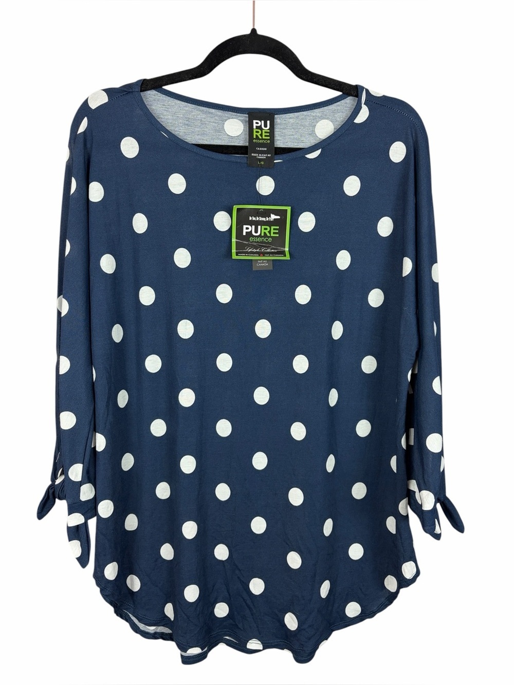 Pure Essence Polka Dot Top Blue White 3/4 Sleeve Tie Detail Size Large NWT